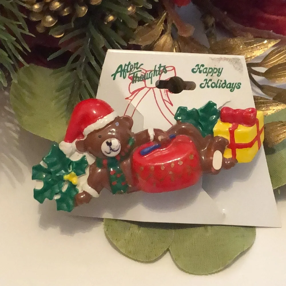 Christmas Barrette Vintage Teddy Bear with presents Christmas Barrette 80s